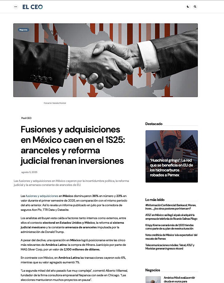 Fusiones y adquisiciones en Mxico caen en el 1S25: aranceles y reforma judicial frenan inversiones
